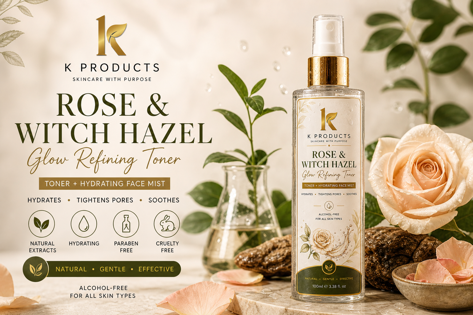 Rose & Witch Hazel Glow Refining Toner (100ml) | Natural Facial Toner UK - Image 3